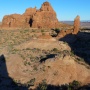 Bullwinkle Tower casts an early morning shadow (left). Ham Rock and (center) and Owl Rock (just right of center) can be seen from the summit.