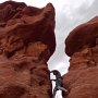 Dominic leads up the tower. The first bit is unprotectable on poor rock but the climbing is easy and fairly secure.